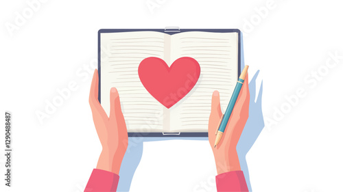 Top-down close-up view of two hands gently holding an open book. The book's pages are depicted as plain white with a single prominent red heart symbol in the center. A blue pencil rests on