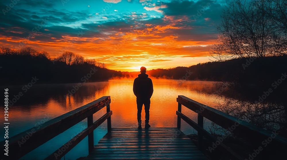 Fototapeta premium Serene Sunrise Man Silhouetted on Lake Dock Vibrant Sky Peaceful Nature Scene