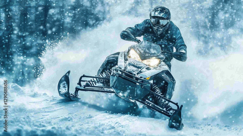 snowmobile races through snowy landscape, kicking up powder in its wake