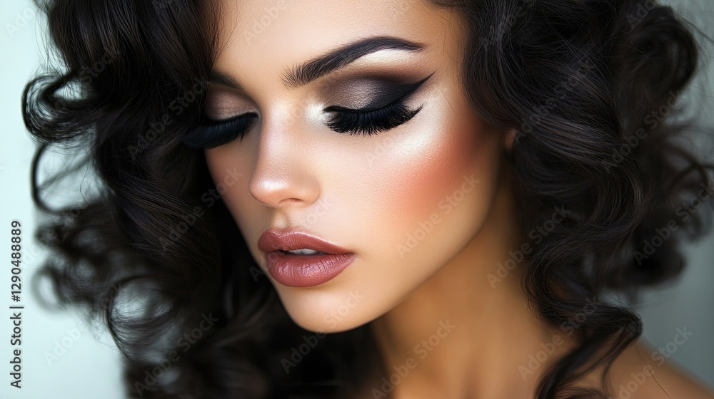 A sophisticated brunette with rich, dark curls and a dramatic smoky eye look, set against. picture A sophisticated brunette with rich, dark curls and a dramatic smoky eye look, set against. picture