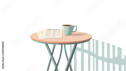 Digital illustration depicting a small, round, light-brown wooden table with a teal metal frame. On the table sits a teal coffee cup and a folded piece of paper resembling a newspaper. The