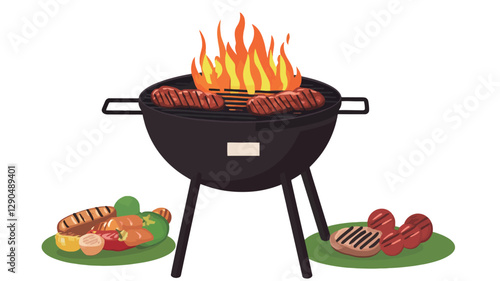 A digital illustration depicts a black charcoal grill with three legs.  Several sausages are cooking on the grill, directly over bright orange and yellow flames. To the left and right of