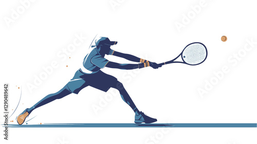 A stylized illustration of a tennis player in motion, depicted in shades of blue against a white background. The player is shown mid-swing, legs spread wide for balance, in a dynamic pose