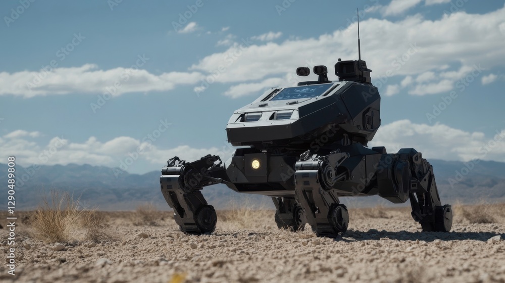 Fototapeta premium Autonomous Combat Robot in Desert Landscape