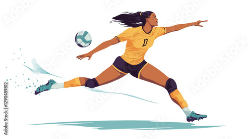 The image is a vector illustration of a female soccer player in mid-air, kicking a ball.  The style is dynamic and illustrative, with a focus on movement. The athlete is depicted with dark