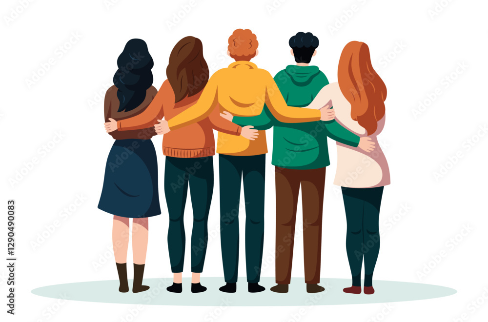 Obraz premium Group of friends, man and woman standing hugging each other with friendship and love, teamwork, aiming for success concept.