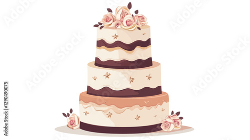 A digital illustration of a three-tiered wedding cake.  Each layer is predominantly off-white or light beige, separated by layers of dark brown, possibly chocolate, frosting.  The cake is