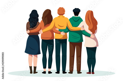Group of friends, man and woman standing hugging each other with friendship and love, teamwork, aiming for success concept.