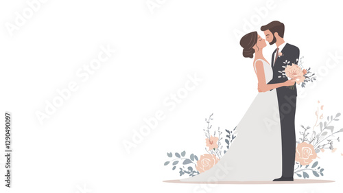 A minimalist vector illustration depicting a bride and groom embracing. The bride is wearing a long, flowing white wedding dress. The groom is wearing a dark suit. They are positioned on a