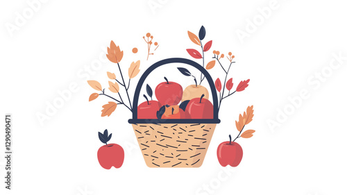 A digital illustration depicting a woven basket filled with red apples.  The basket is adorned with stylized autumn leaves and branches. Two additional apples are positioned to the sides of
