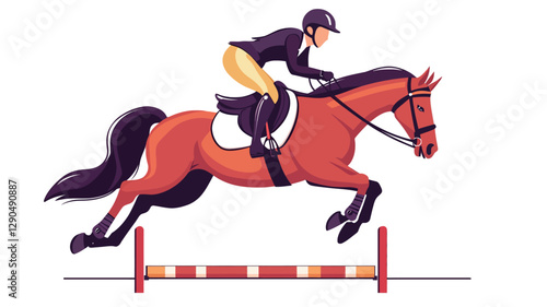 An illustration depicts a horse and rider mid-jump during a show jumping competition. The horse is a reddish-brown color with a dark mane and tail. The rider is wearing traditional