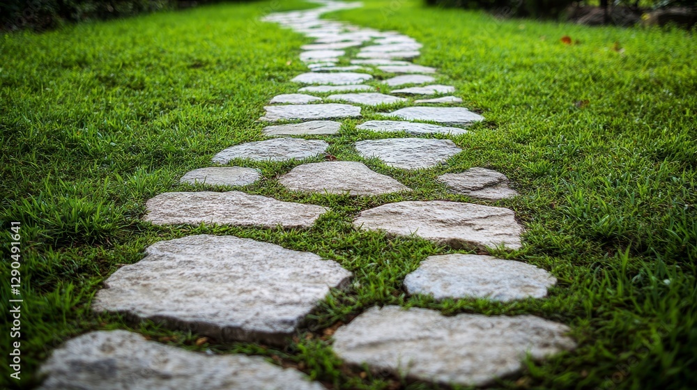 Serene Stone Pathway Winding Through Lush Green Grass Serene Stone Pathway Winding Through Lush Green Grass