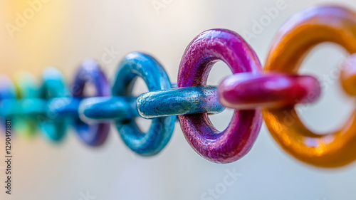 Colorful rainbow chain links in a close-up abstract view.