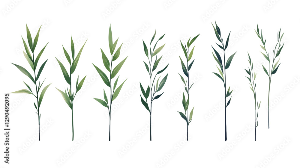 Obraz premium The image contains a collection of eight stylized sprigs of plants. Each sprig is depicted in varying shades of green, with simple, elongated leaves. The style is minimalist and flat, with