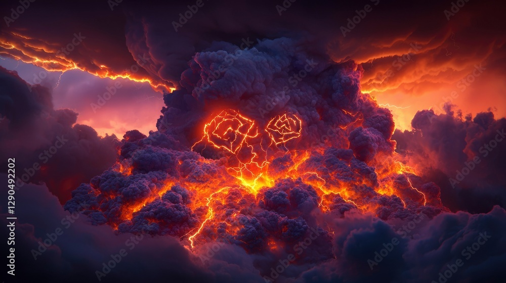 Fototapeta premium Volcanic storm cloud, fiery glow, electrical discharge, dramatic sky, power nature