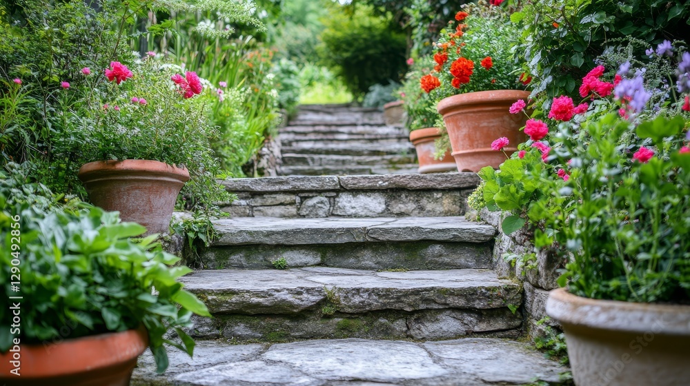 Fototapeta premium Serene Stone Steps and Blooming Garden Pathway