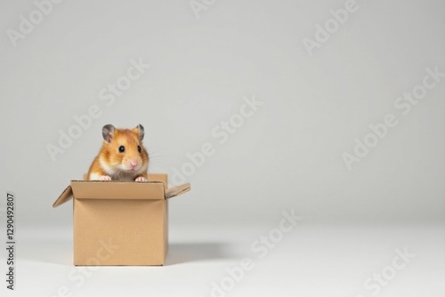 A curious hamster peering from a small cardboard box against a minimalist backdrop