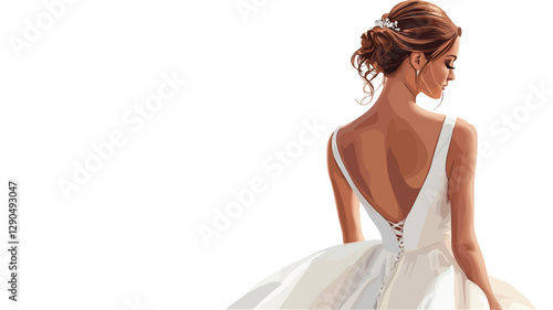 Digital illustration of a woman from the back, showcasing a white wedding gown with a low V-back and a full skirt. The woman has auburn hair styled in an updo with a small hair accessory.