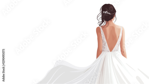 Digital illustration depicting the back view of a woman wearing a floor-length white wedding gown with a low back and a subtle v-neckline. The dress has a flowing, voluminous skirt. The