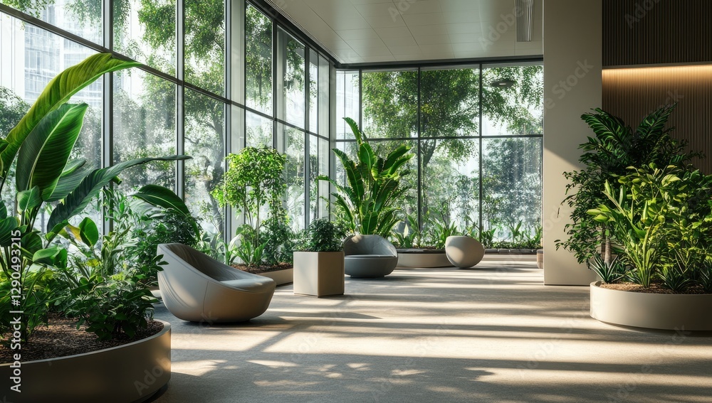 Modern lobby with greenery, city views, relaxing ambiance Modern lobby with greenery, city views, relaxing ambiance