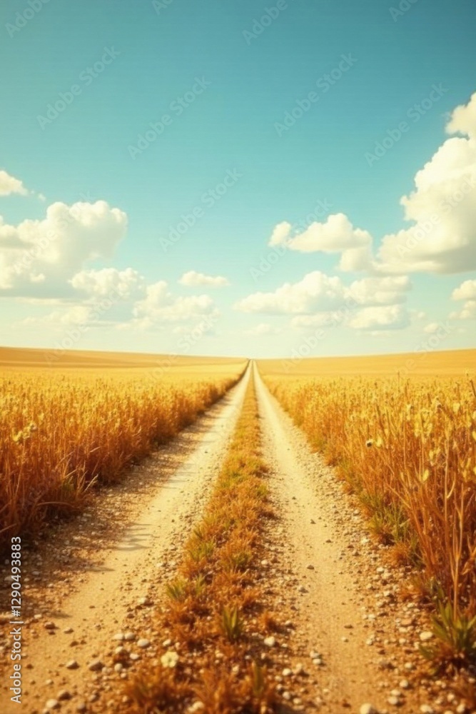 Fototapeta premium Golden Field Path Leading to a Sunny Horizon A Serene Rural Landscape