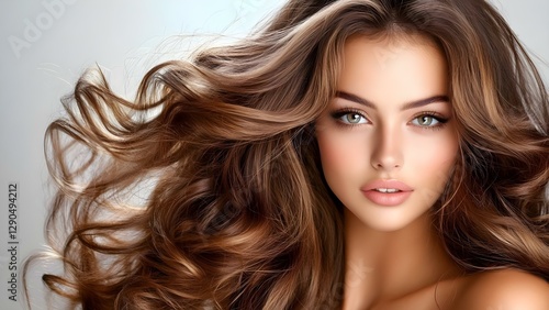 A close-up of a person with long, wavy hair and striking features, displaying a soft and glowing appearance. Concept Close-Up Portrait, Long Wavy Hair, Striking Features, Soft Glow, Radiant Skin