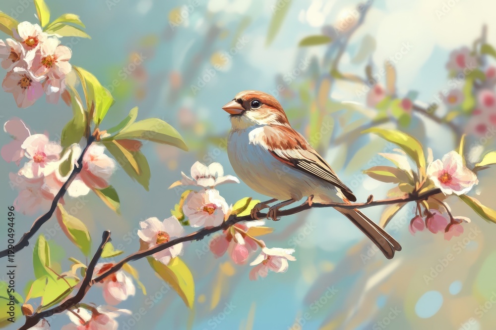 Fototapeta Sparrow perched on a flowering branch basking in sunlight during a clear day, sparrow sitting on a flowering branch on a sunny day