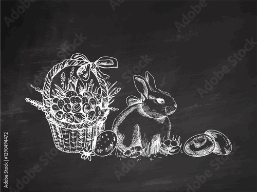 Hand drawn chalkboard Easter still life with bunny and festive basket on chalkboard background