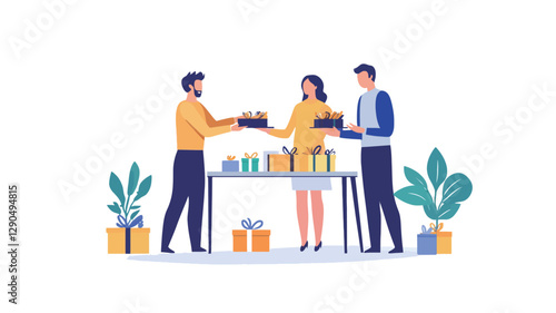 A vector illustration depicting three individuals, two men and one woman, engaged in exchanging gifts. The individuals are stylized with simple features and bold outlines. They are dressed