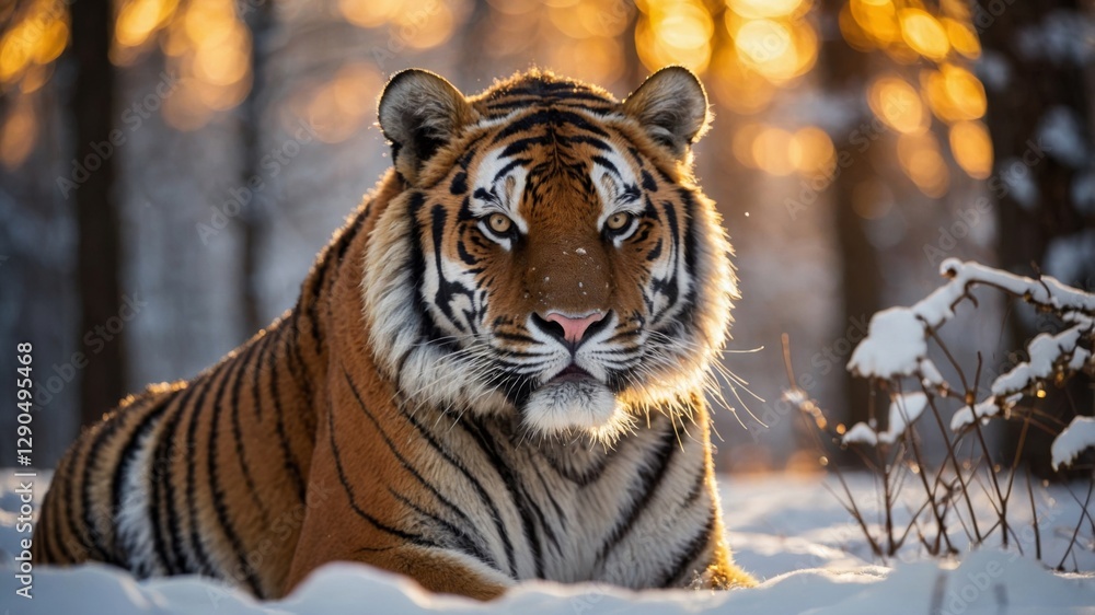 Obraz premium A majestic siberian tiger relaxes in the snow, bathed in the warm glow of the winter sun.