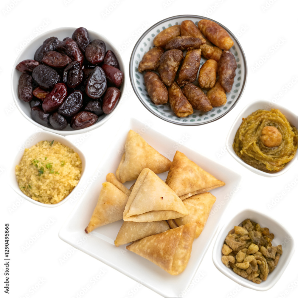 Beautifully arranged iftar item on white background Beautifully arranged iftar item on white background