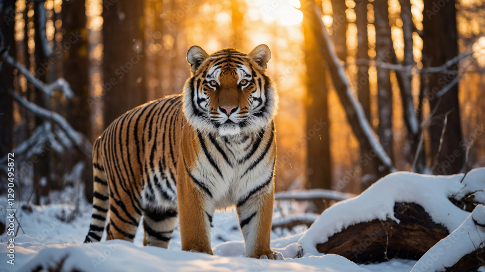 Obraz premium A siberian tiger stands powerfully in a snow-covered forest as the sun sets, creating a golden glow.