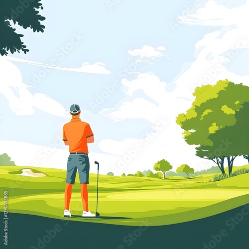 Wallpaper Mural A man in an orange shirt is standing on a golf course, holding a golf club Torontodigital.ca