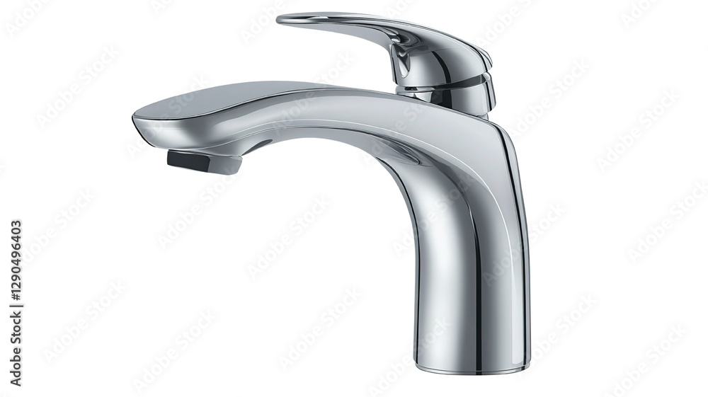 A high-tech touchless faucet with a sensor system, isolated on a transparent background. The faucet has a clean, contemporary design with smooth curves and a shiny stainless steel finish