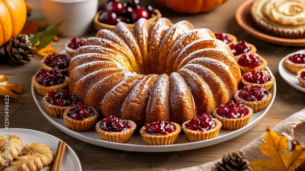 Cornucopia-themed dessert platter with a centerpiece pumpkin bundt cake surrounded by cranberry tarts and maple cookies Cornucopia-themed dessert platter with a centerpiece pumpkin bundt cake surrounded by cranberry tarts and maple cookies