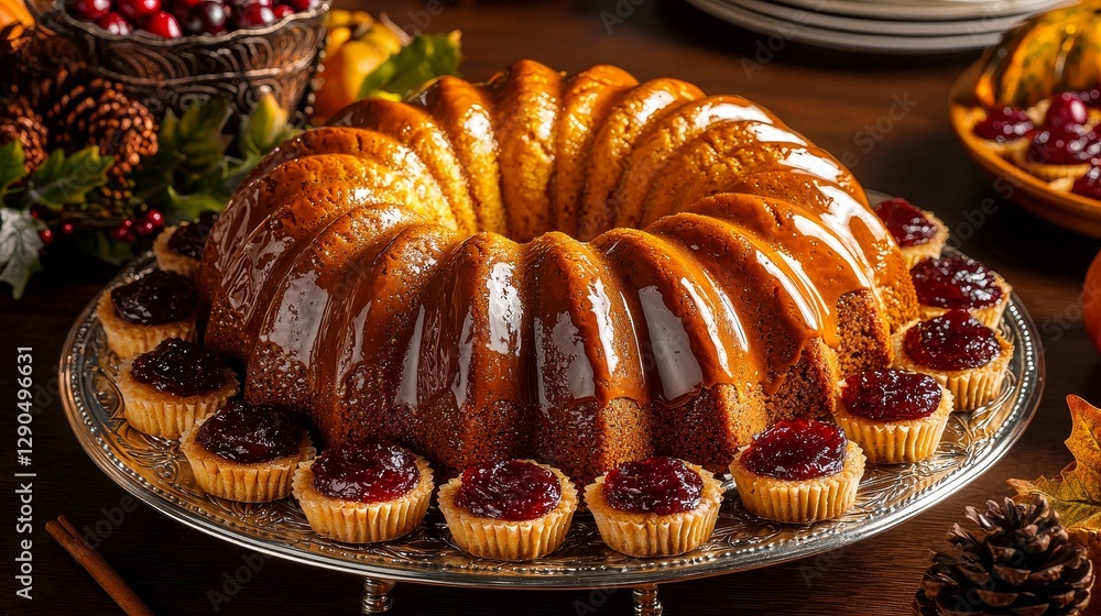 Cornucopia-themed dessert platter with a centerpiece pumpkin bundt cake surrounded by cranberry tarts and maple cookies Cornucopia-themed dessert platter with a centerpiece pumpkin bundt cake surrounded by cranberry tarts and maple cookies