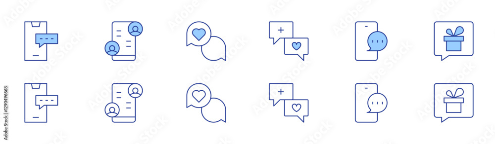 Chat icon set in two styles, Duotone and Thin Line style. Editable stroke. Mobile Messaging, User Chat List, Heart Chat, Positive Feedback Chat, Mobile Conversation, Gift Chat Chat icon set in two styles, Duotone and Thin Line style. Editable stroke. Mobile Messaging, User Chat List, Heart Chat, Positive Feedback Chat, Mobile Conversation, Gift Chat