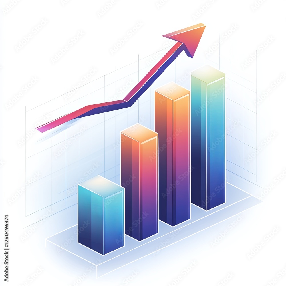 A modern bar graph with gradient bars growing taller from left to right and a sharp upward arrow overlay. picture A modern bar graph with gradient bars growing taller from left to right and a sharp upward arrow overlay. picture