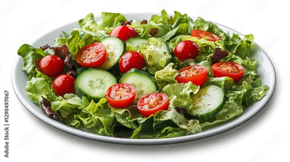 A fresh green salad with cherry tomatoes, cucumbers, and olive oil drizzle on a white plate. picture A fresh green salad with cherry tomatoes, cucumbers, and olive oil drizzle on a white plate. picture