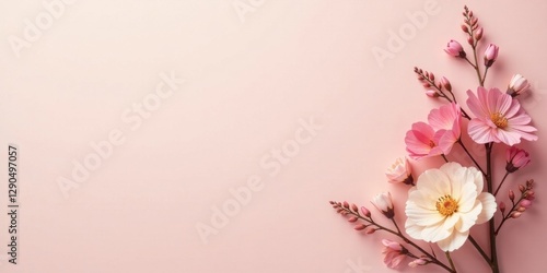 Delicate Pink and Cream Blossoms Arranged on a Soft Pink Background, a Springtime Floral Design for Invitations or Greeting Cards