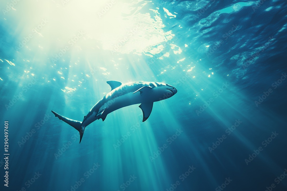 Naklejka premium Majestic shark swimming in sunlit ocean depths
