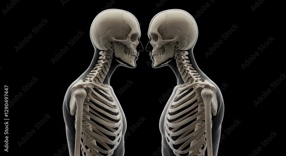 Human Skeletons Facing Each Other on Black Background Anatomy Study Human Skeletons Facing Each Other on Black Background Anatomy Study