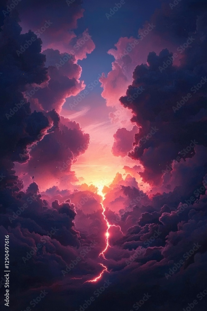 Fototapeta premium Lightning strikes during sunset with pink clouds in the background, for wallpaper