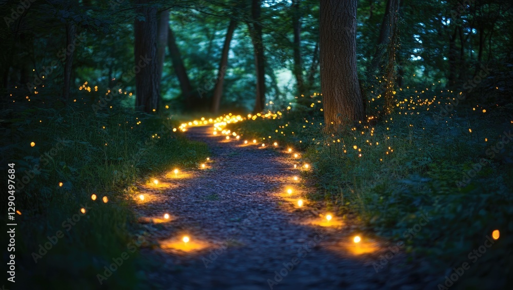 Night forest path lit by candles, fireflies Night forest path lit by candles, fireflies
