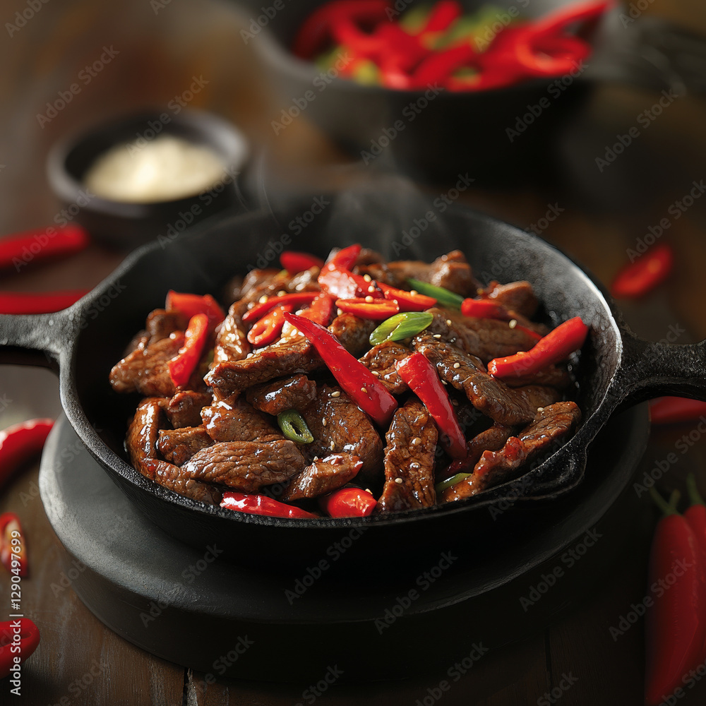 sizzling stir fry of beef strips and red chili peppers in cast iron skillet, garnished with green onions, creating spicy and savory dish sizzling stir fry of beef strips and red chili peppers in cast iron skillet, garnished with green onions, creating spicy and savory dish