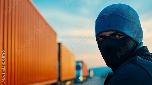 A shadowy figure wearing a mask and beanie stands near shipping containers against a sunset backdrop, suggesting a sense of mystery or tension.