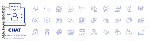 Chat icons collection. Thin Line icons, editable stroke. chat box, chat, chat group, live streaming, group, speech bubble, video chat, comment