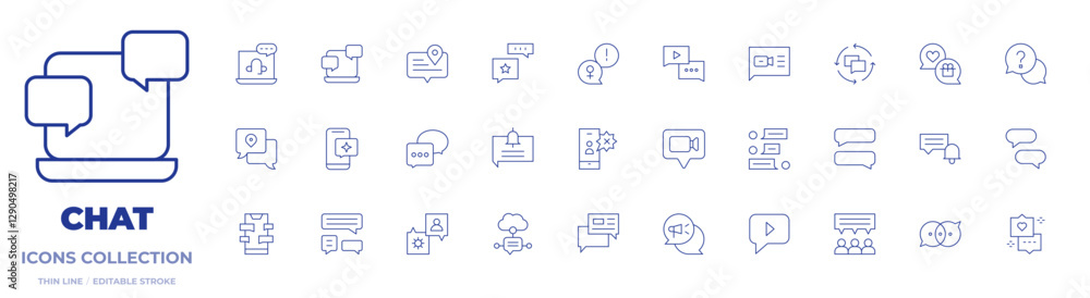 Chat icons collection. Thin Line icons, editable stroke. video chat, live chat, chat, notification bell, speech bubble, conversation, help, cloud Chat icons collection. Thin Line icons, editable stroke. video chat, live chat, chat, notification bell, speech bubble, conversation, help, cloud