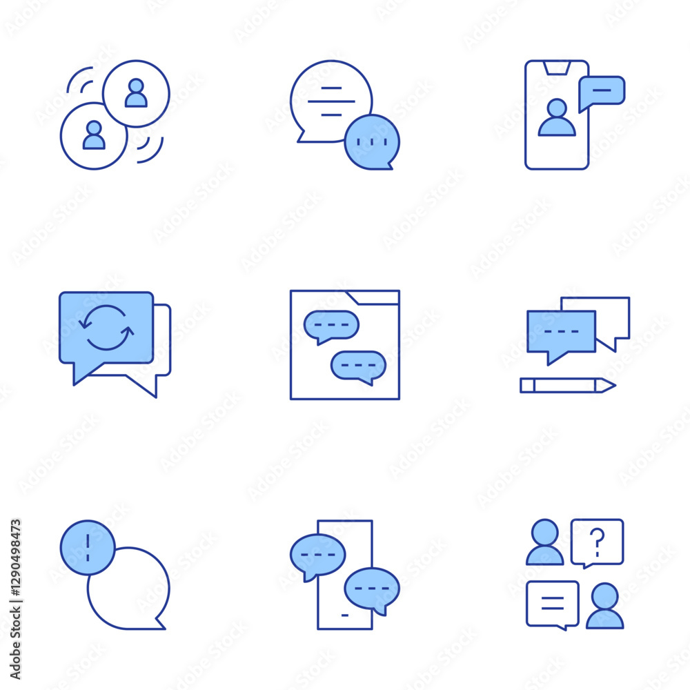 Chat icons set. Line Duotone style, editable stroke. chat, bubble chat, chat box, facetime, job interview, answer Chat icons set. Line Duotone style, editable stroke. chat, bubble chat, chat box, facetime, job interview, answer