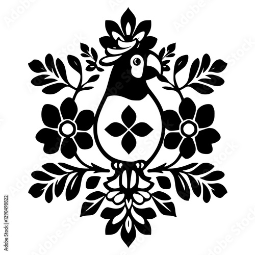 Black and white illustration of an ornamented parrot surrounded by floral elements, featuring a minimalist style.